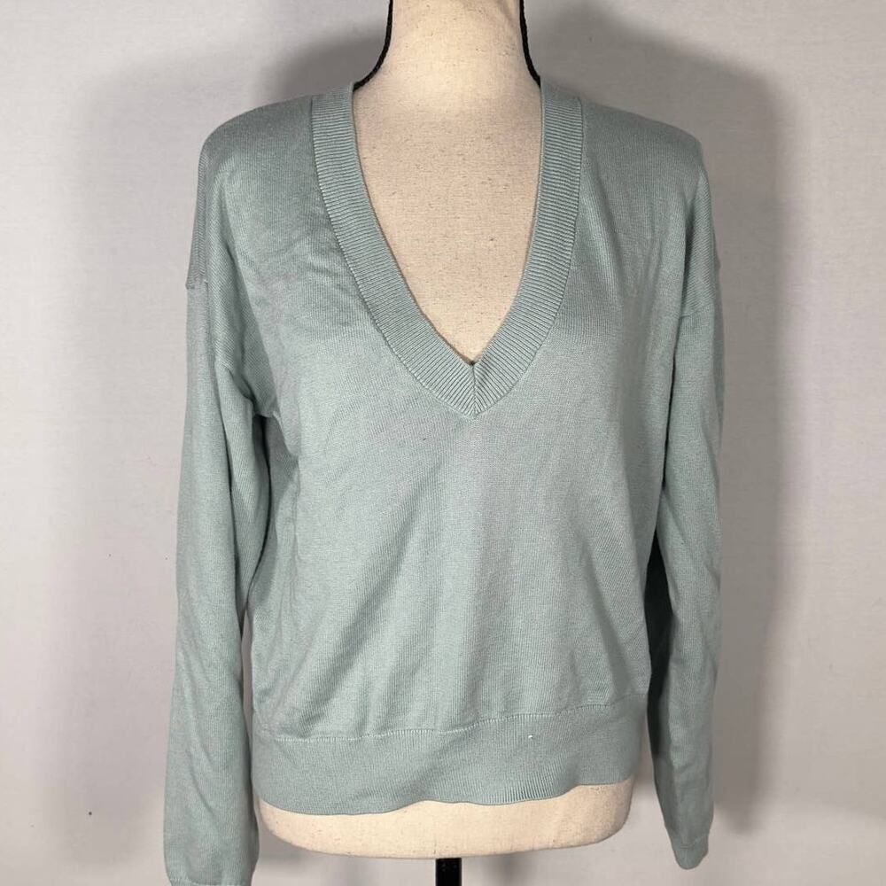 Open Edit Blue V-Neck Ribbed Knit Sweater Women's Size XS NWOT